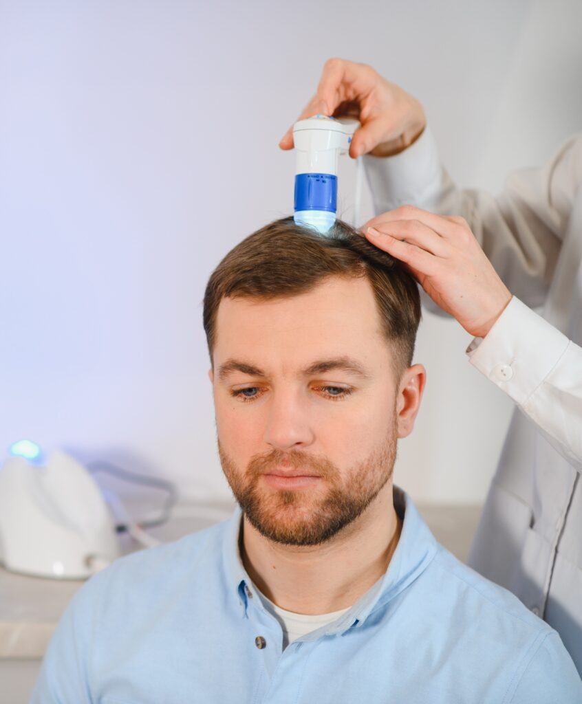 A trichologist examines the hair of a man who begins alopecia.