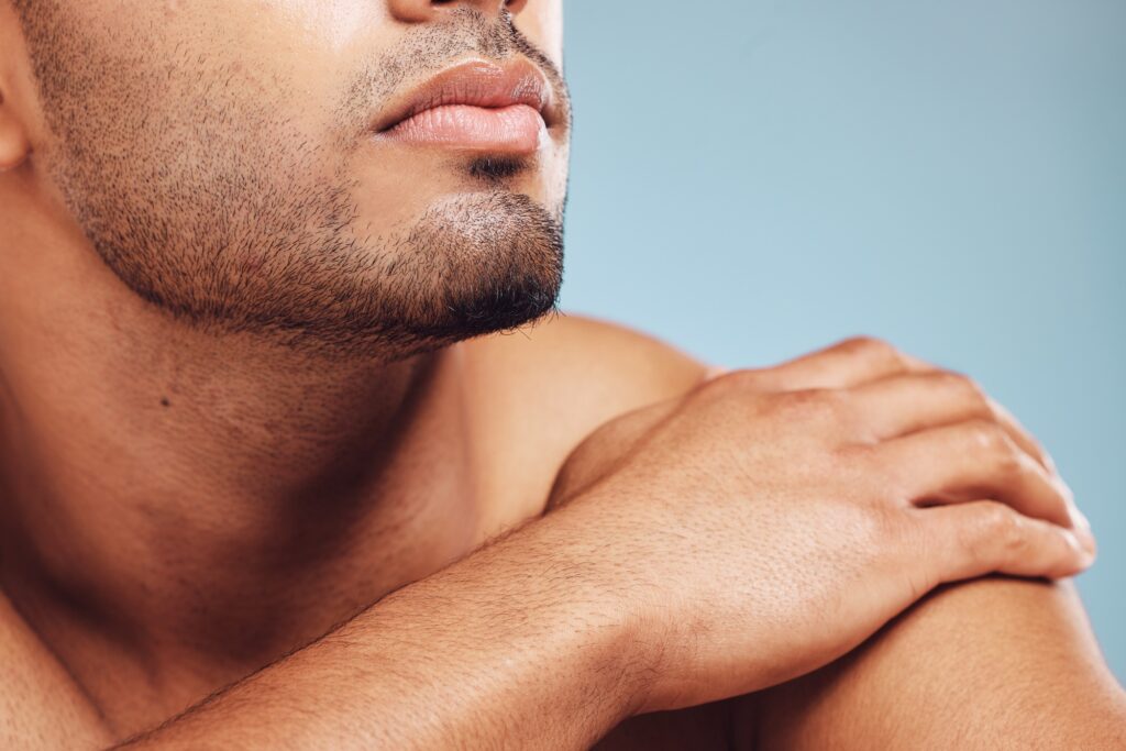 Man, jaw and skincare, face grooming and beard for beauty, aesthetic wellness and healthy skin on s