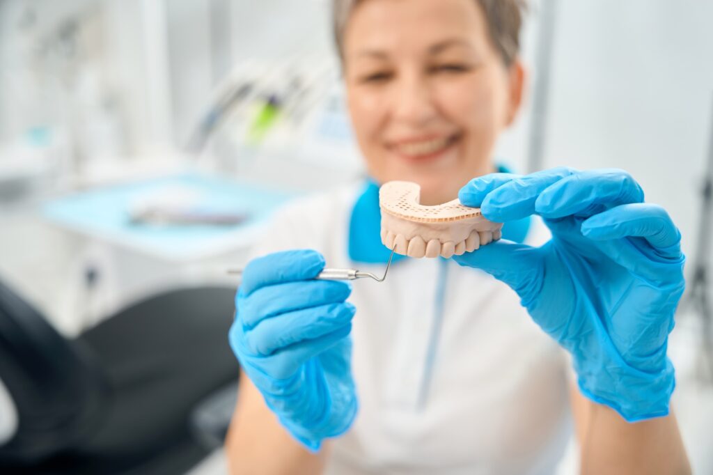 Woman dental and aesthetic practitioner holding 3d model of upper jaw
