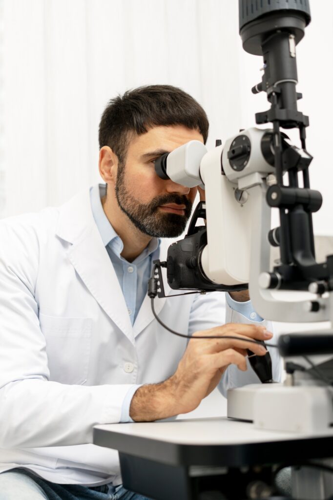 Optometrist examining patient's eyes with modern slit lamp in clinic